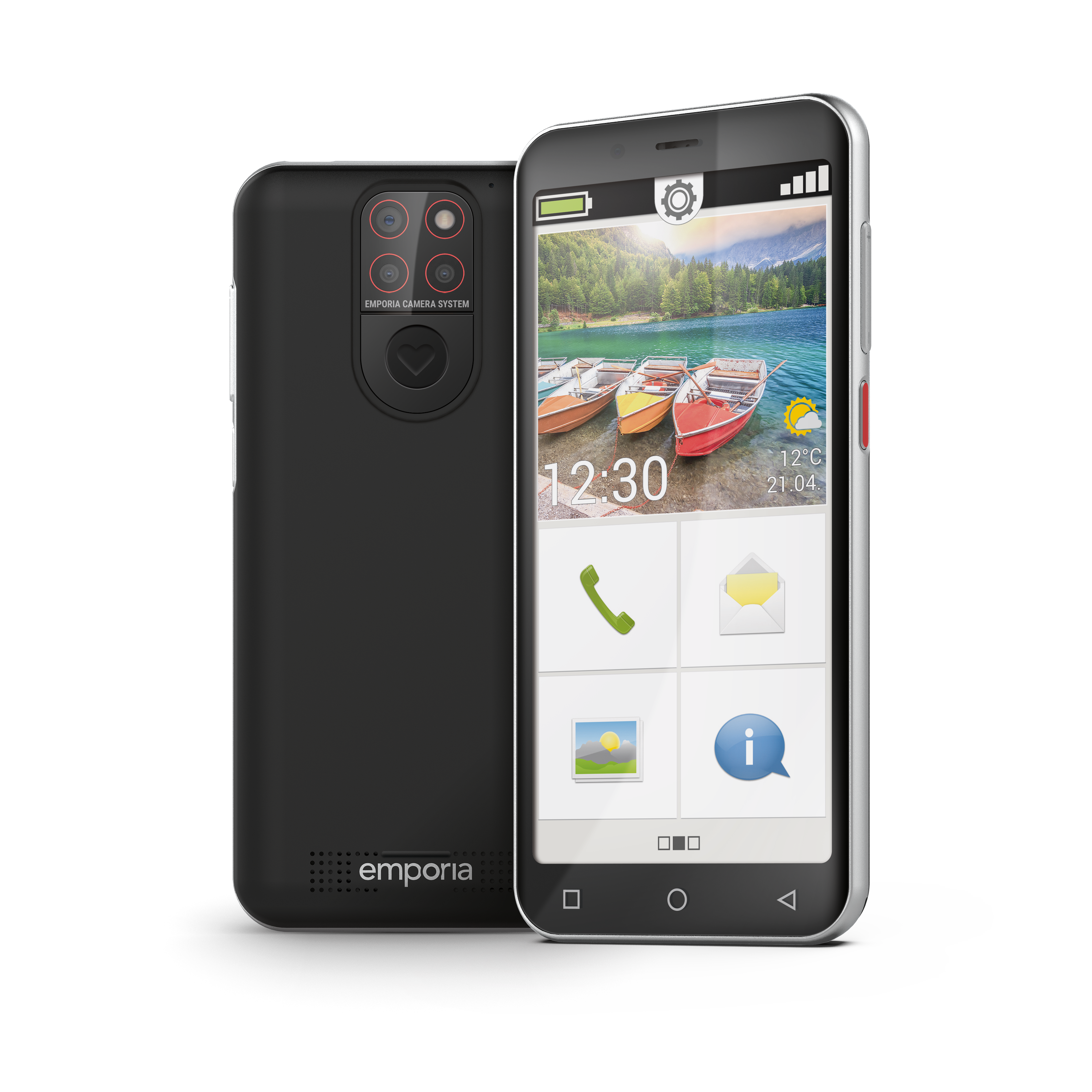 Vorder- & Rückseite des emporia SMART5.mini Smartphone mit eingeschaltetem Display. Auf der Rückseite ist die Dreifach Hauptkamera sichtbar. 