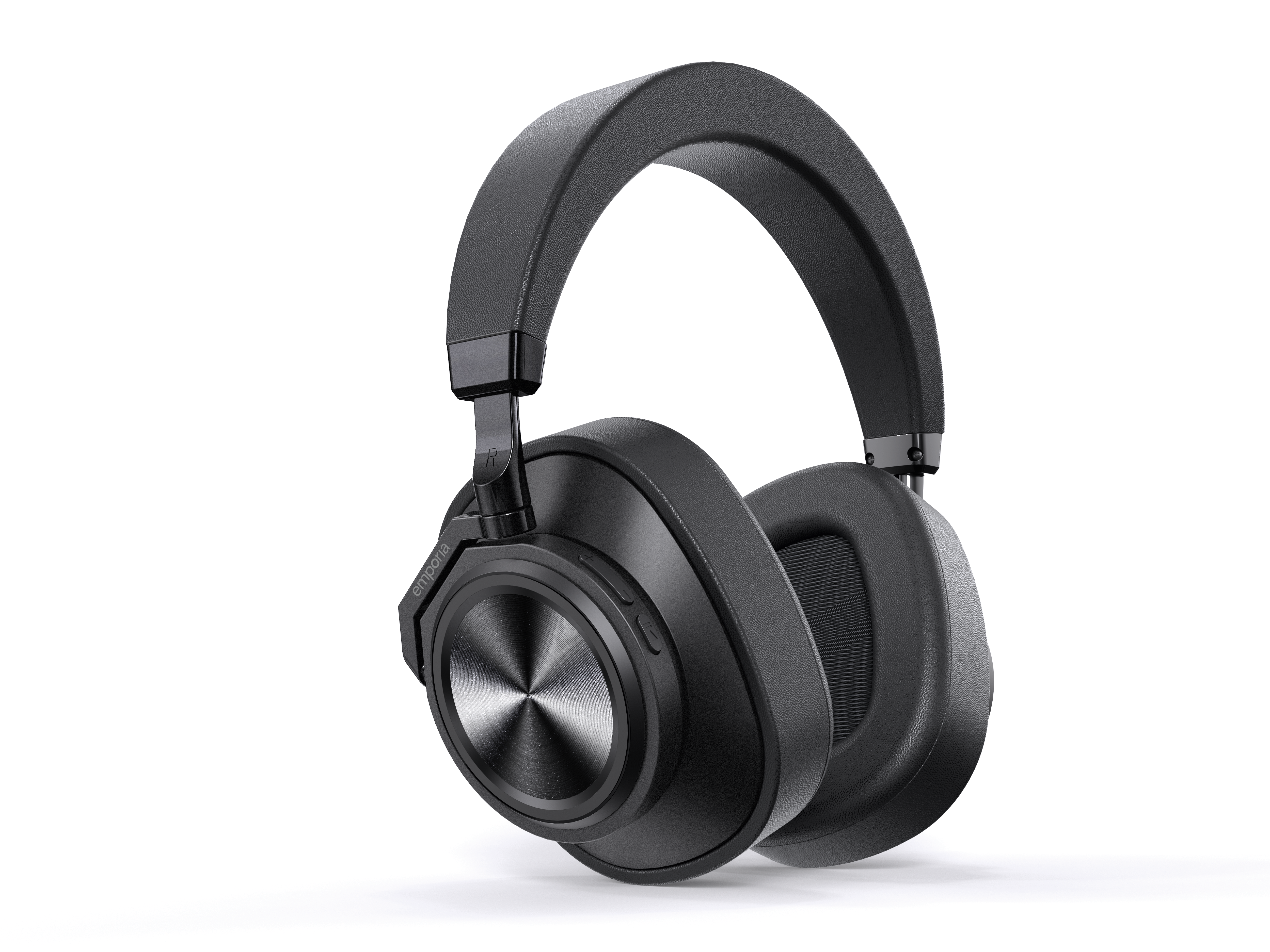 Seitliche Ansicht der schwarzen emporia Over-Ear-Kopfhörer mit Active Noise Cancelling Funktion. 