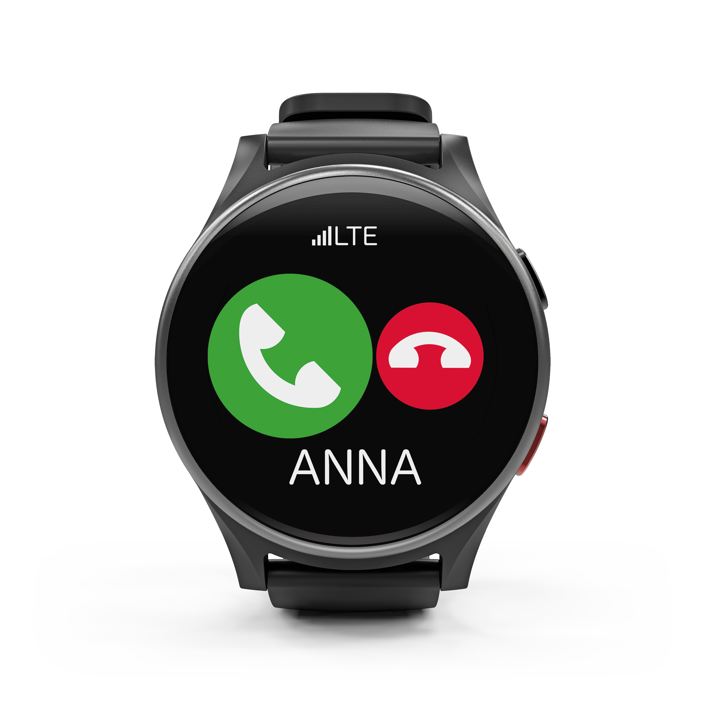 Frontale Ansicht der emporia WATCH-LTE Smartwatch. Das Display zeigt einen eingehenden Anruf von Anna. 